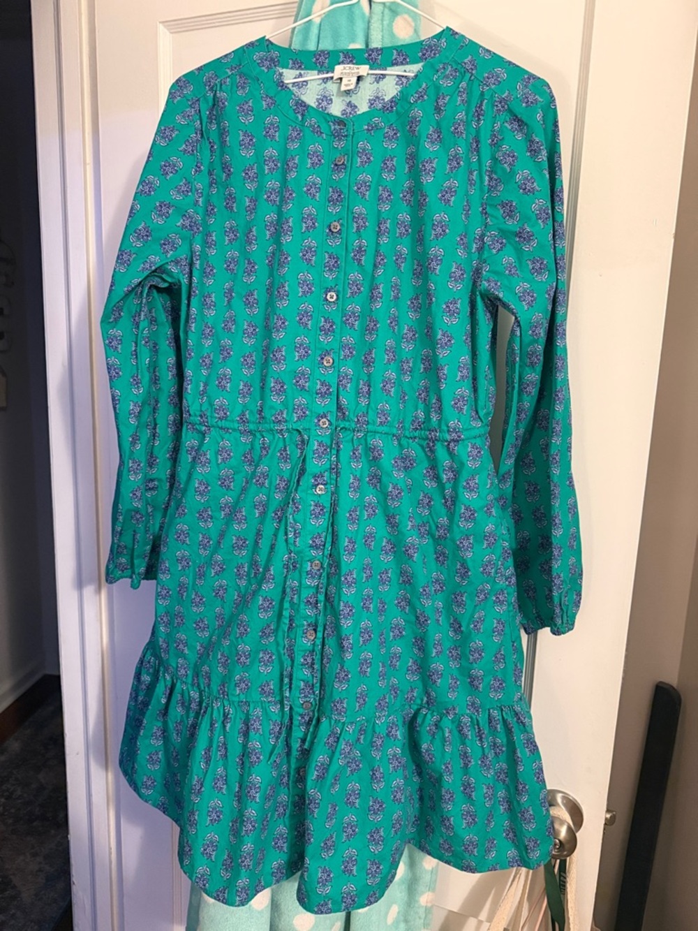 J. Crew Factory Teal Floral Button-Front Long-Sleeve Dress